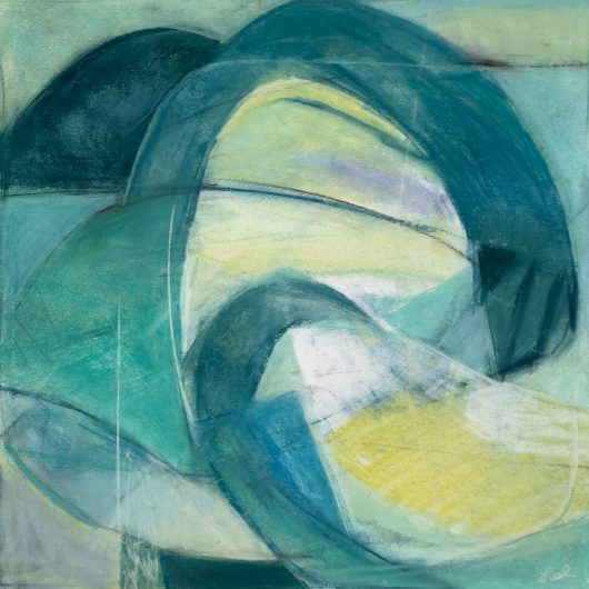 Original abstract pastel drawing in teal, blue and yellow-green. Circular energetic wave-like shapes and lines.