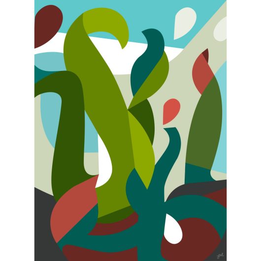Artwork with plant and bird abstract shapes